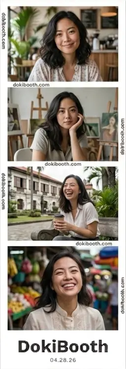 Vertical 4-photo booth strip sample from DokiBooth showing home office lifestyle captures